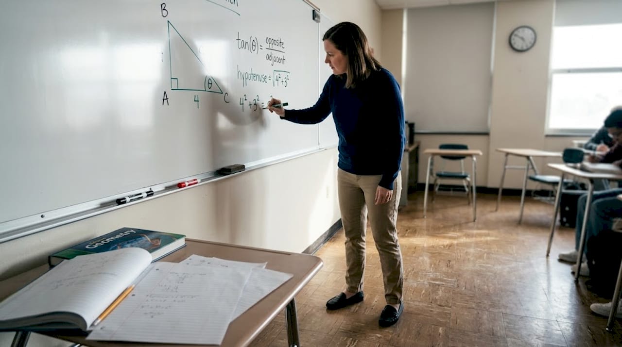 Teacher working through a Pythagorean proof on a whiteboard