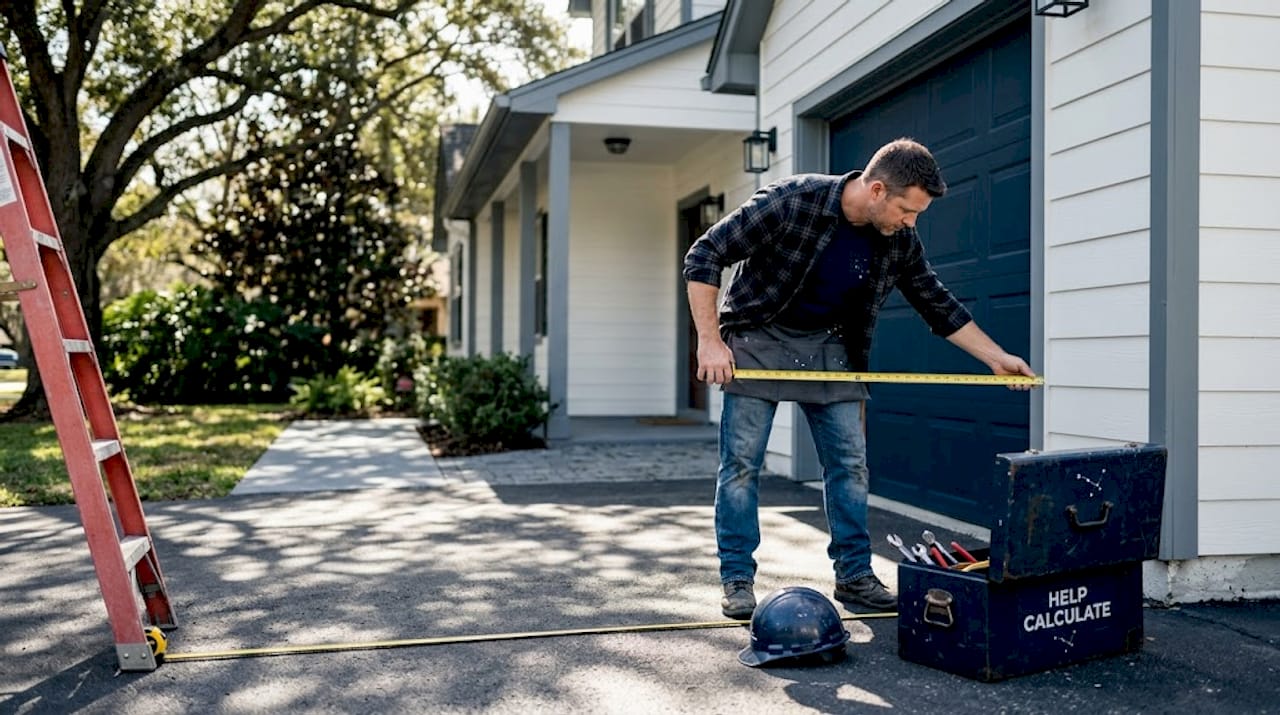 Worker measuring ladder distance to a garage wall