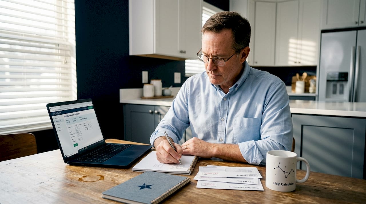 Man calculating compound interest in kitchen