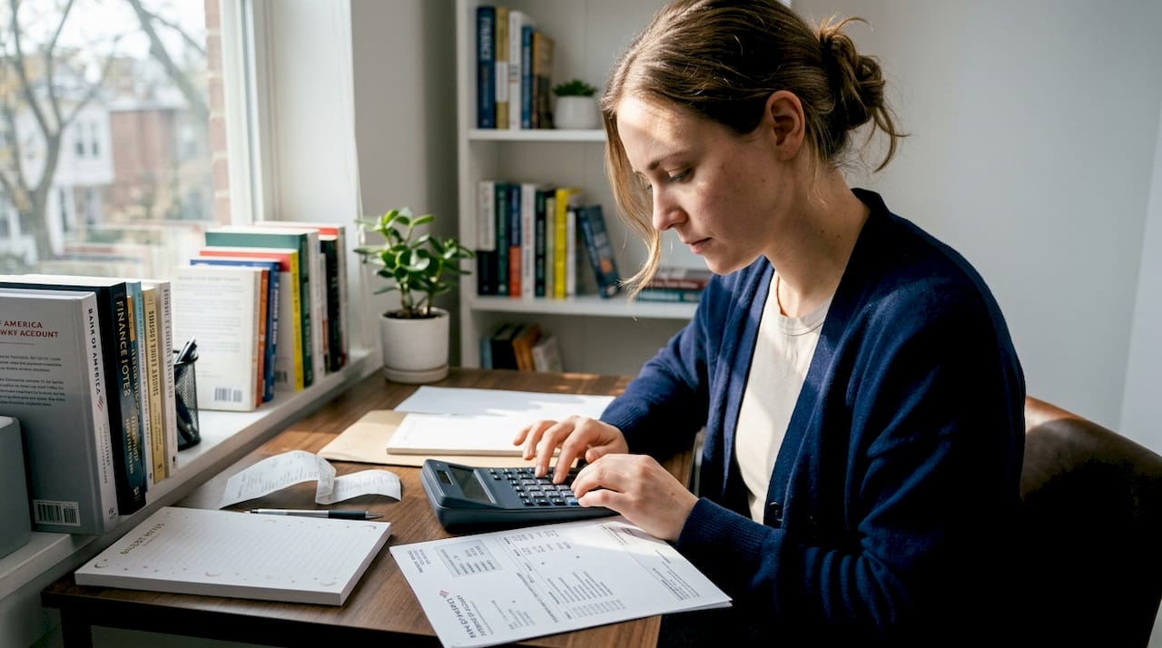 Woman calculating interest at home desk