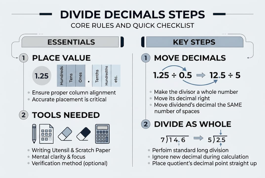 Infographic showing key decimal division steps and essentials