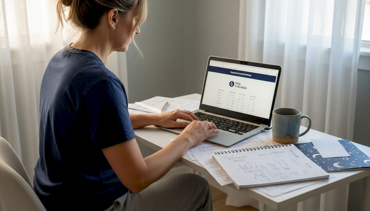 Woman reviewing savings projections at desk
