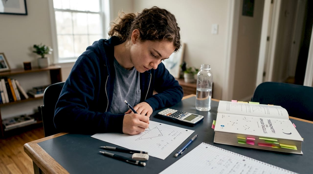 Student solving triangle law of cosines problem