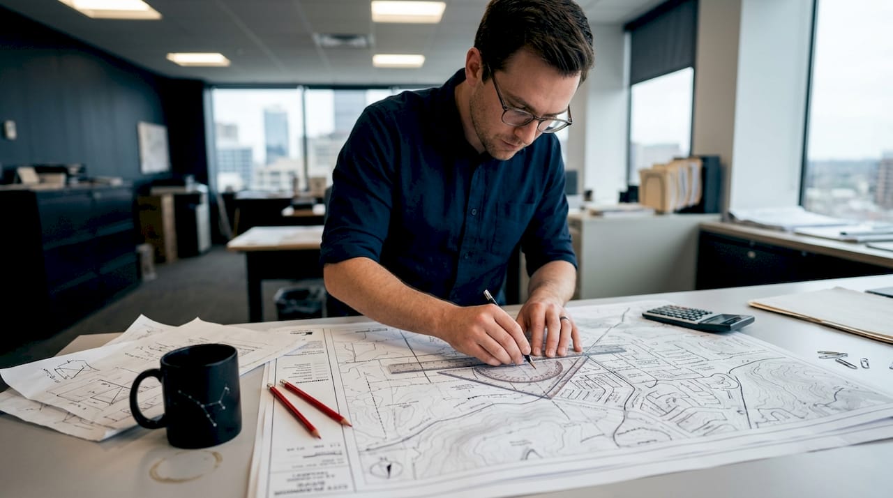 Engineer using triangle measurements on a map