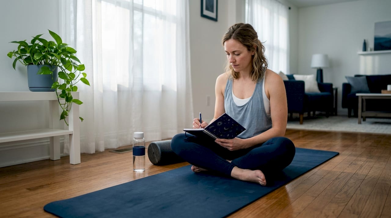 Woman logging fitness habit at home