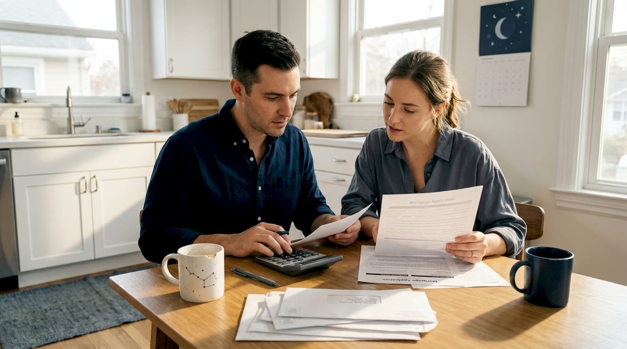 Couple calculates mortgage at kitchen table