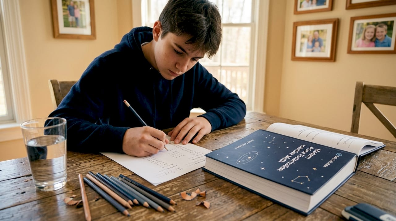 Teen working on prime factorization at kitchen table