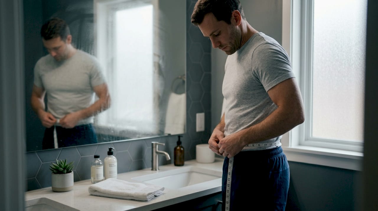 Man measuring waist with tape in bedroom