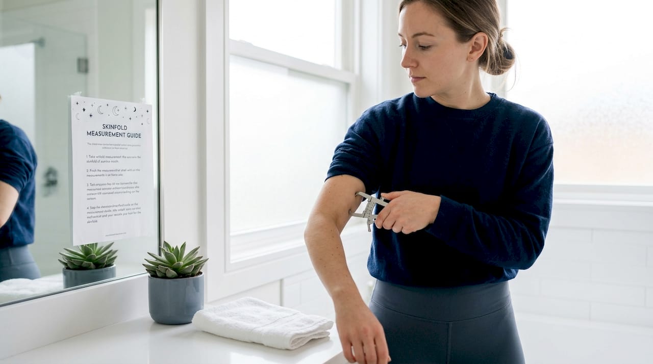 Woman using skinfold calipers on upper arm