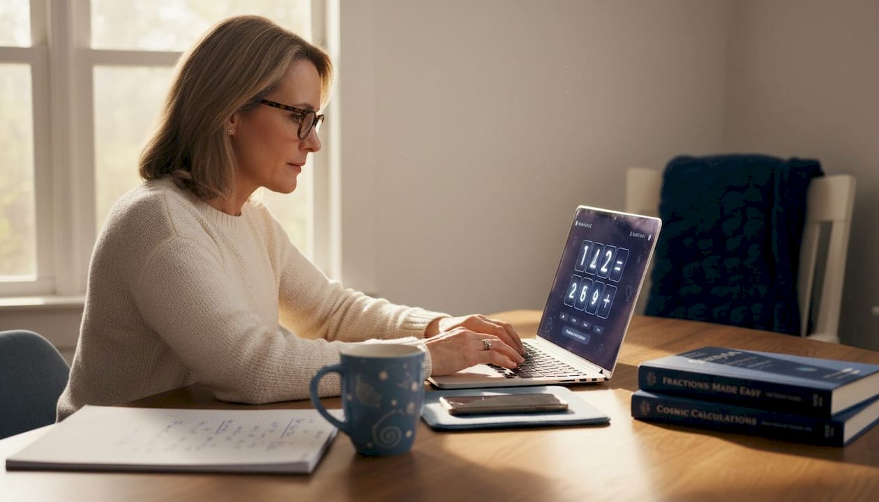 Woman using fraction calculator at home desk