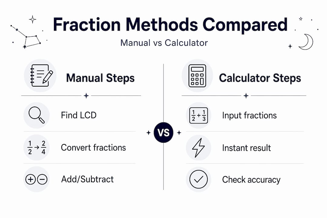 Infographic comparing manual and calculator fraction methods