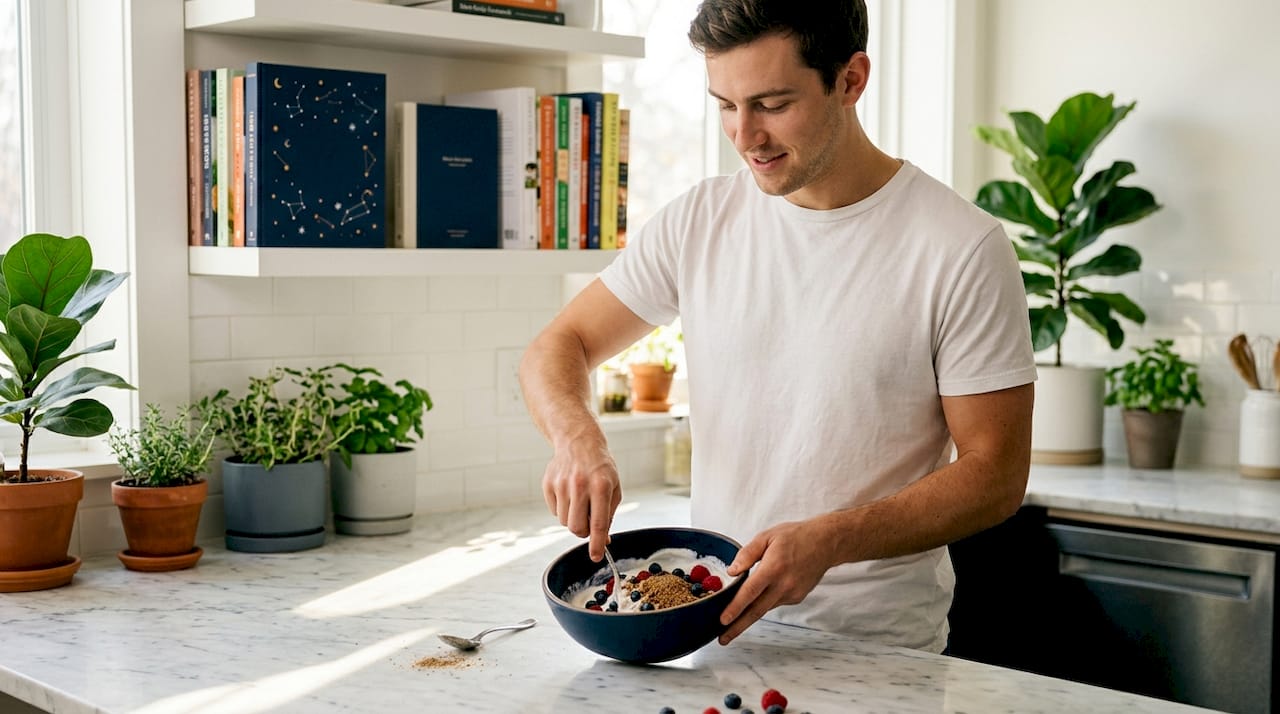 Man preparing probiotic-rich breakfast