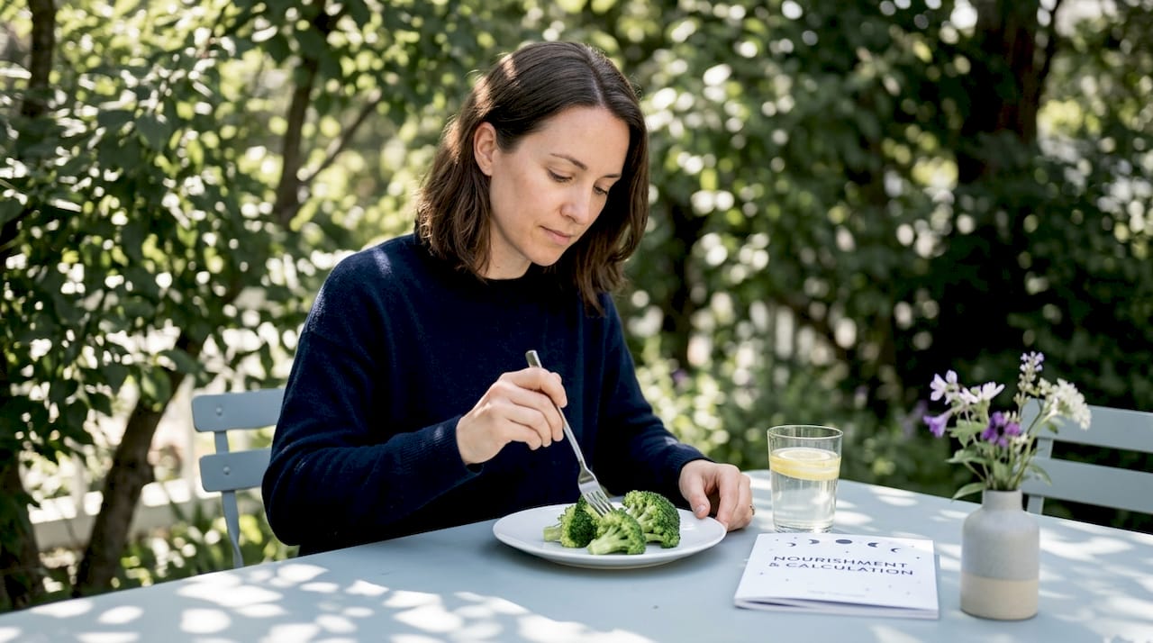 Woman at kitchen table with broccoli serving