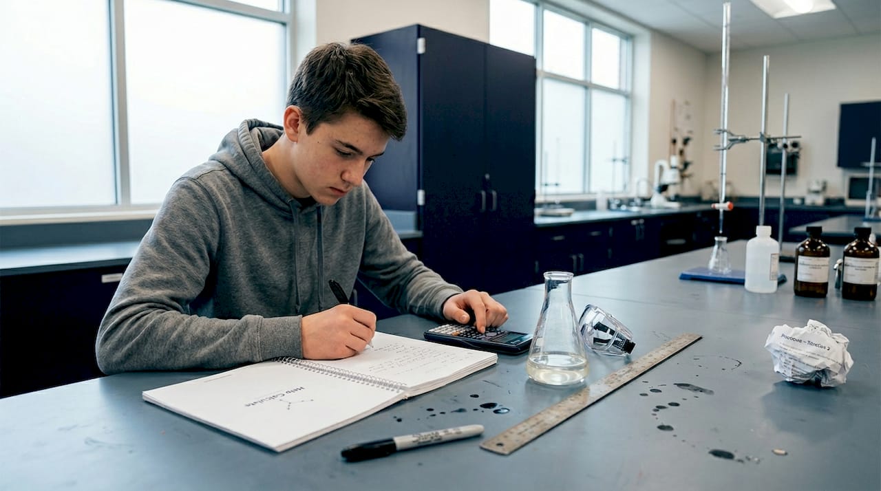 Student using calculator in school science lab