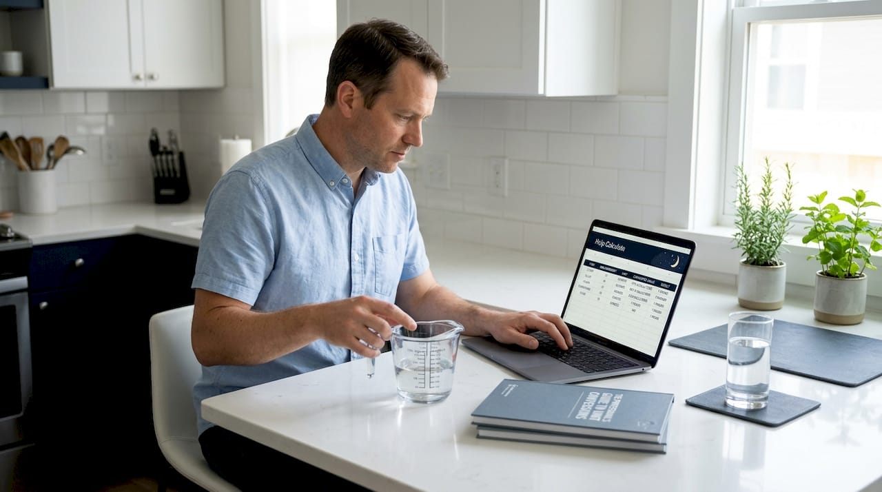 Man converting units with laptop and measuring cup