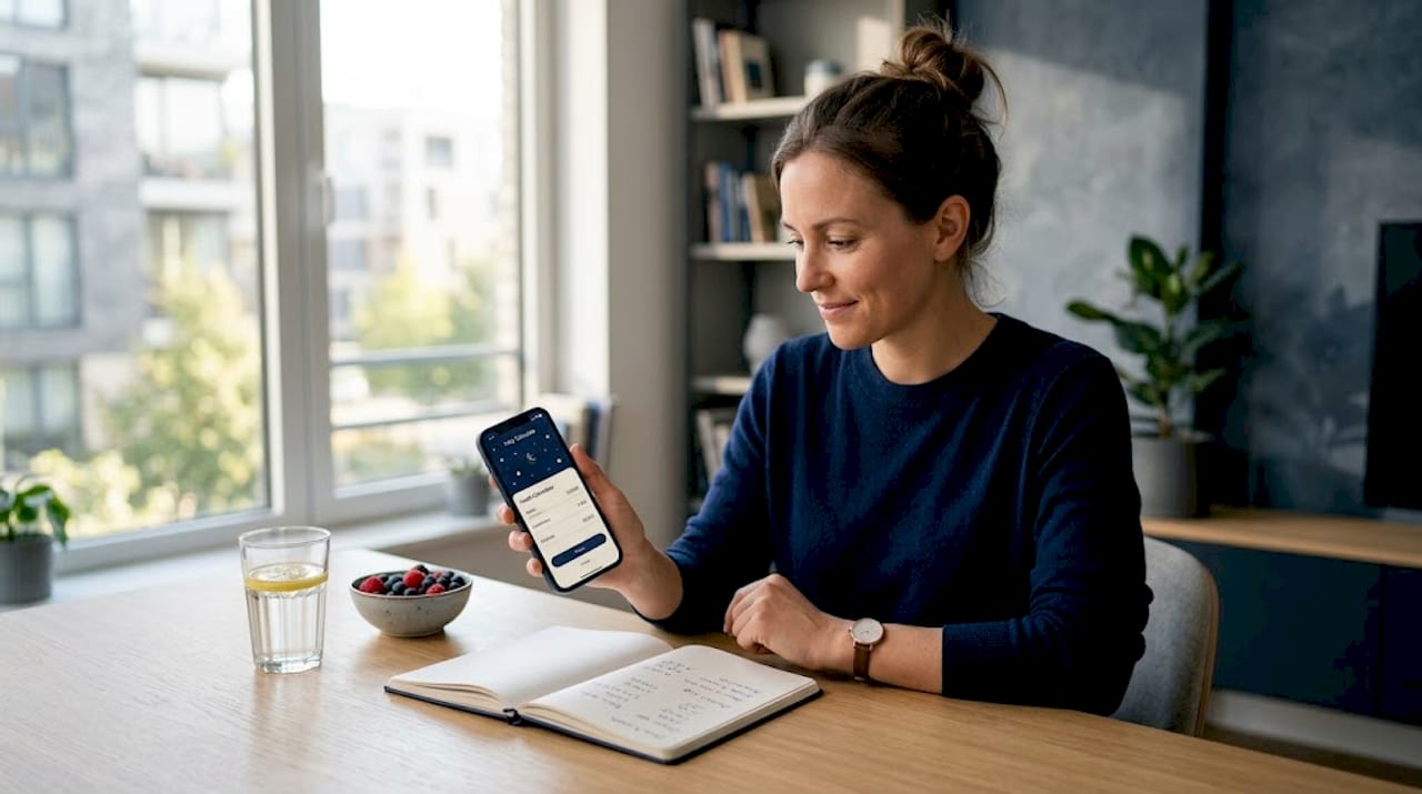 Woman entering info into health app at kitchen table