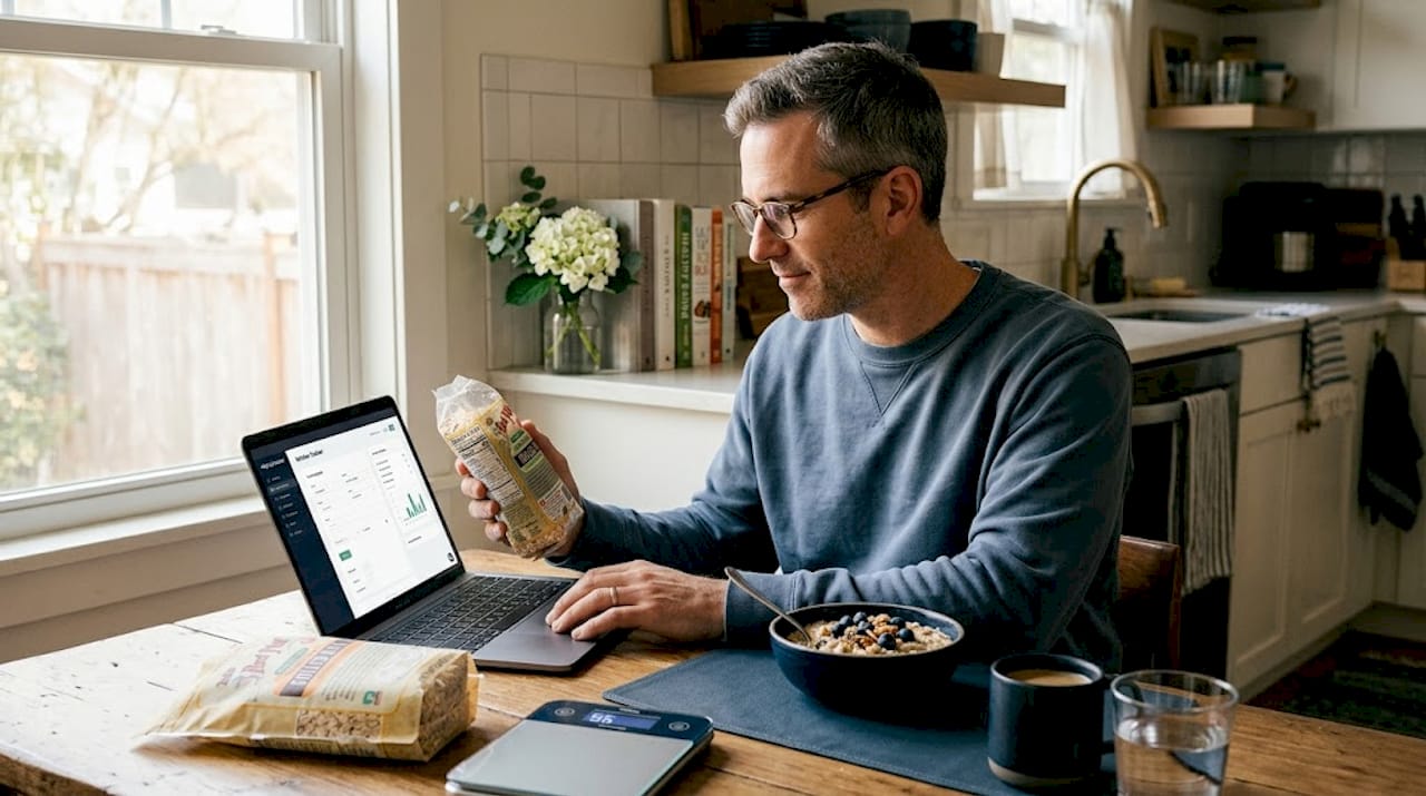 Man logging food on laptop during breakfast