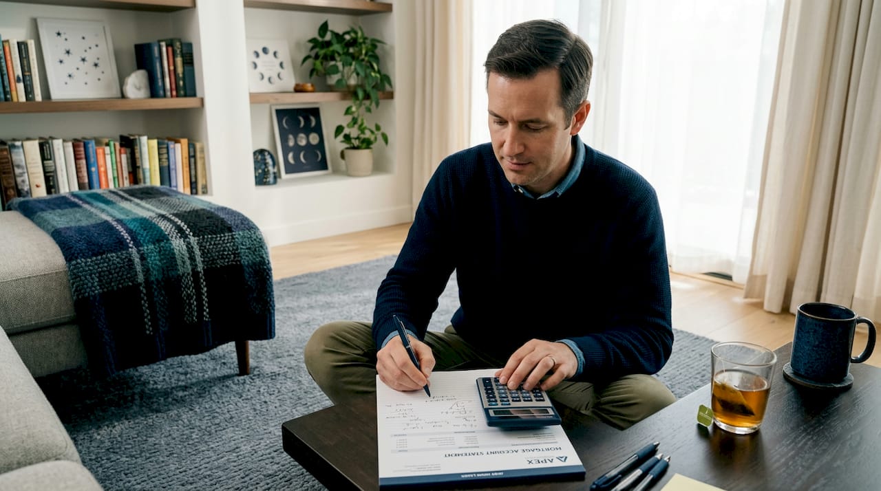Man calculating equity with mortgage paperwork