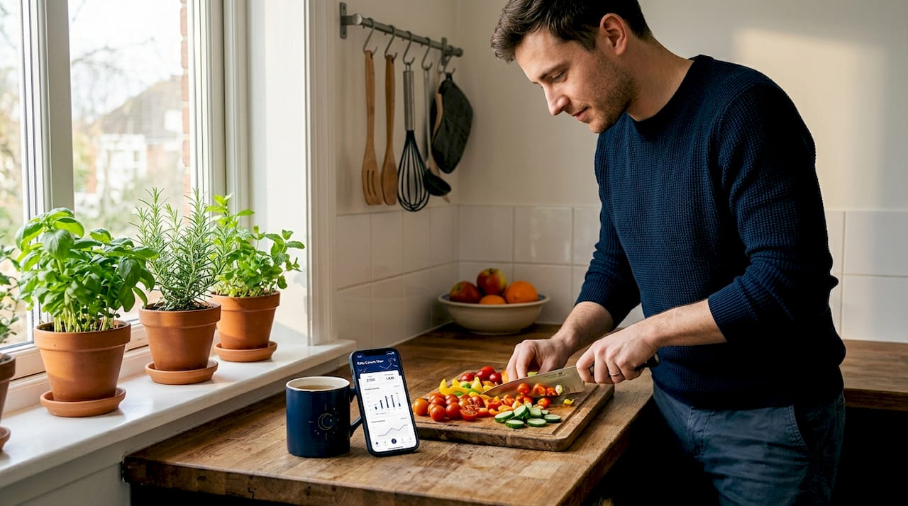 Man preparing healthy meal with tracking app