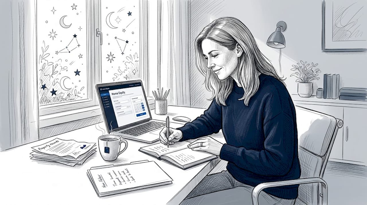 Woman calculates home equity at desk