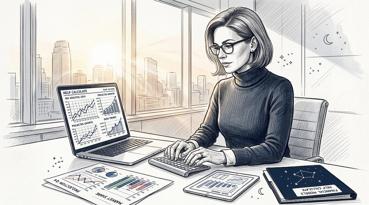 Businesswoman analyzing linked financial statements on laptop