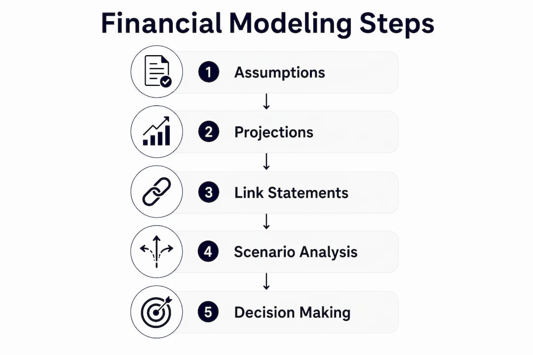 Infographic showing financial modeling steps in process flow
