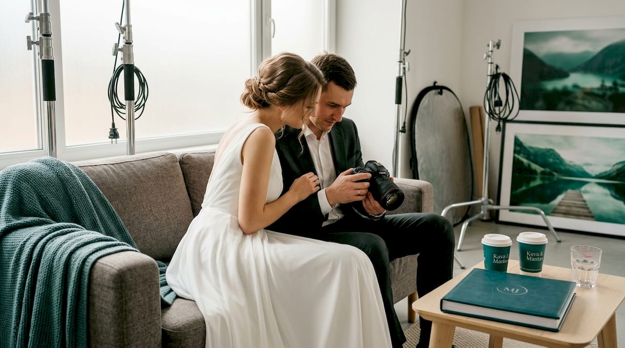 Jaunavedžiai džiaugsmingai žiūri savo vestuvines nuotraukas fotostudijoje