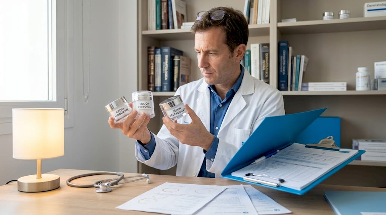 Dermatólogo analizando y comparando diferentes cremas para el cuidado de la piel