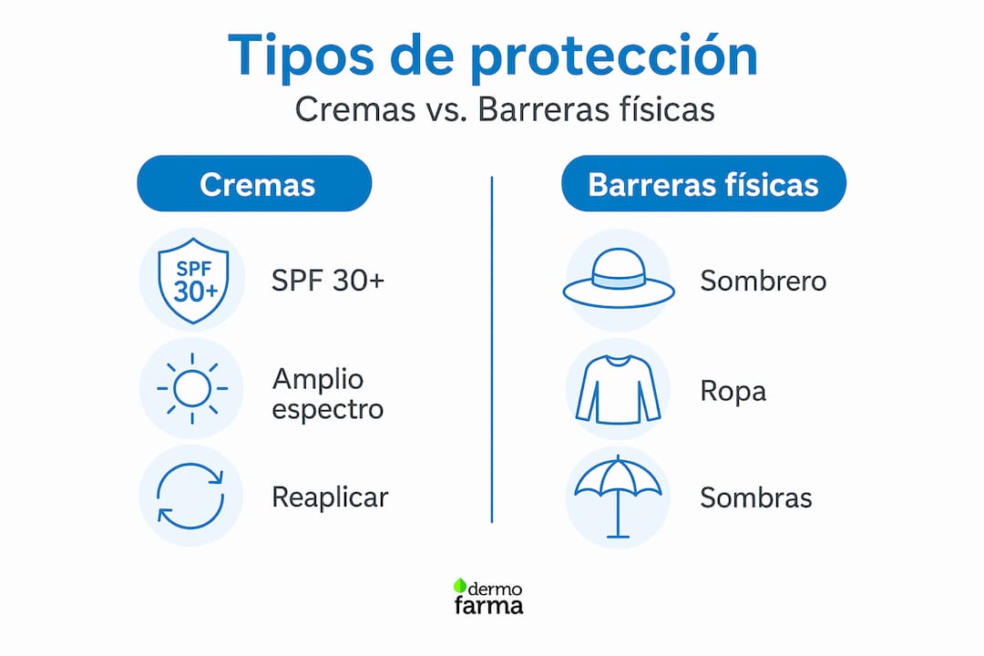 Guía visual sobre los distintos tipos de protección solar: cremas, lociones y barreras físicas