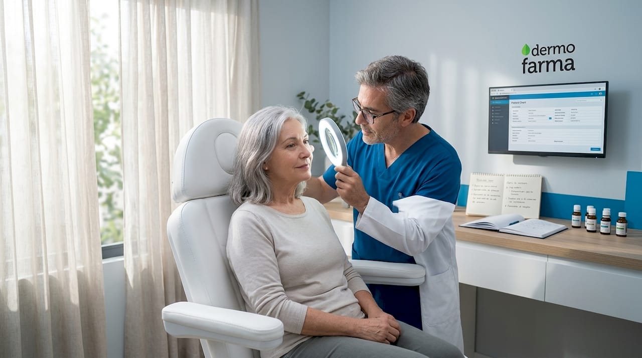 Consulta dermatológica en la que el especialista revisa la piel del rostro del paciente.