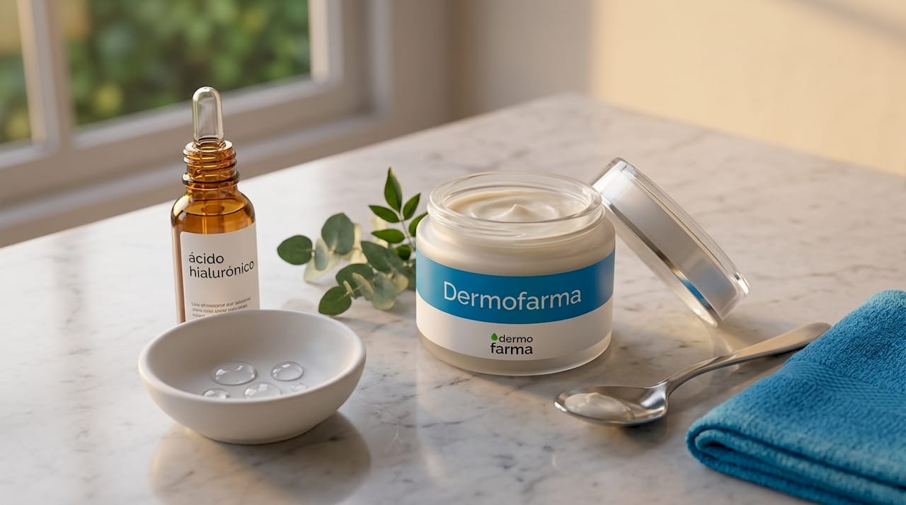 Crema facial y ácido hialurónico sobre el tocador