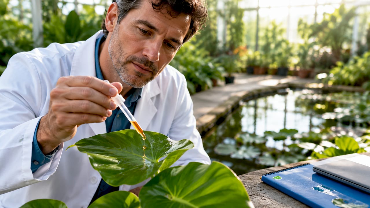 Manos de experta aplicando gotas de sérum de vitamina C