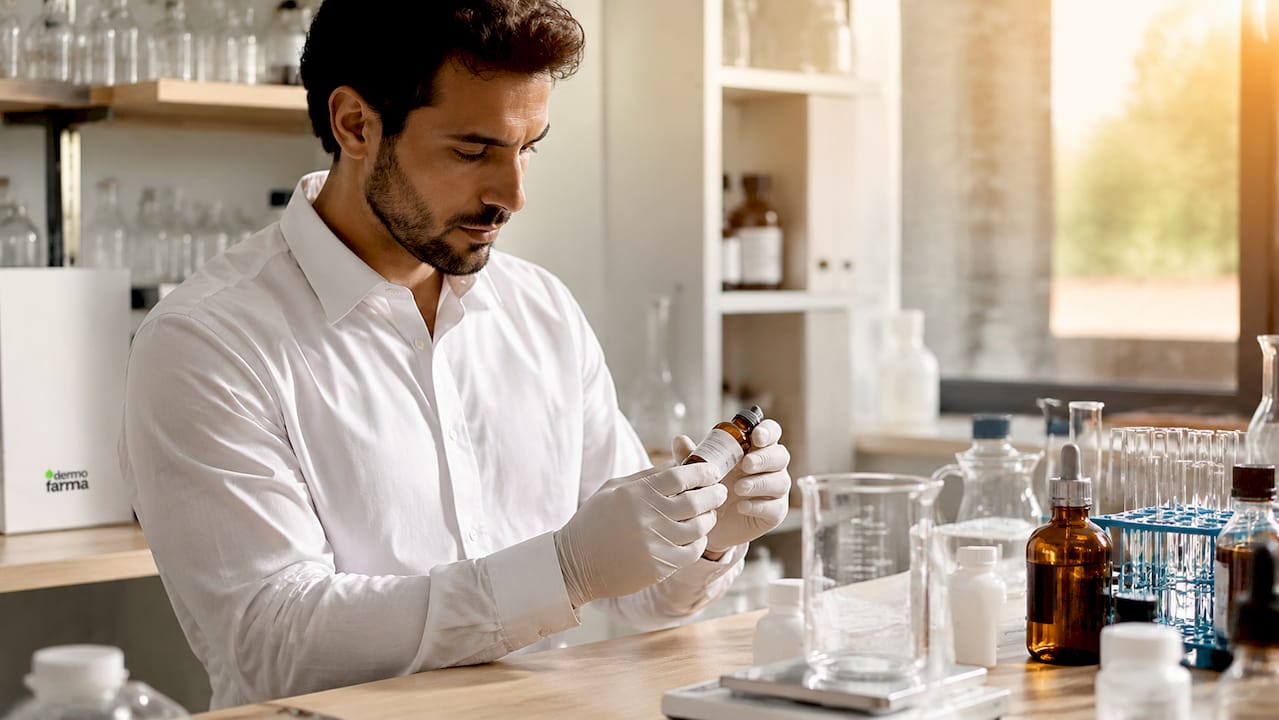 Un farmacéutico manipula cuidadosamente activos dermocosméticos con sus manos expertas.