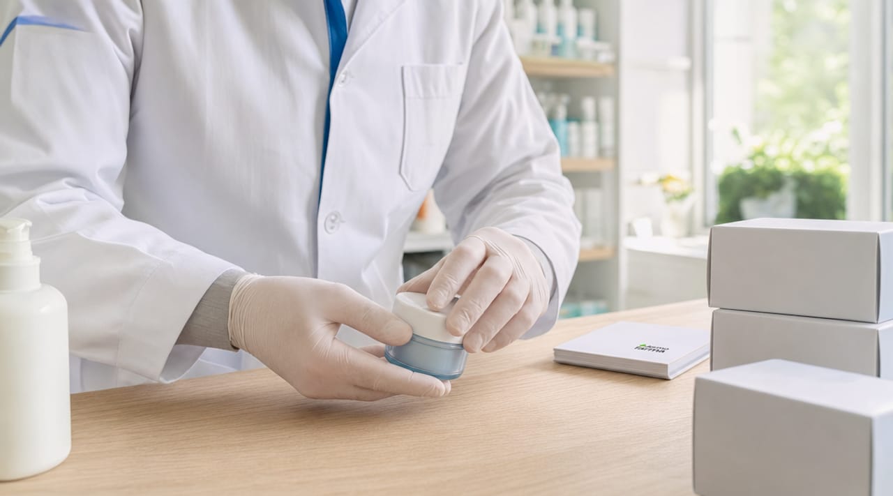 Personal farmacéutico preparando cuidadosamente una crema hipoalergénica