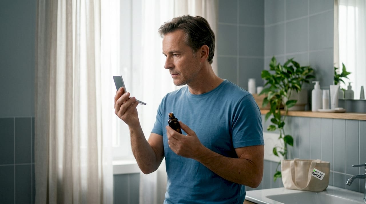 Hombre observando su piel en un pequeño espejo tras probar productos de cuidado facial