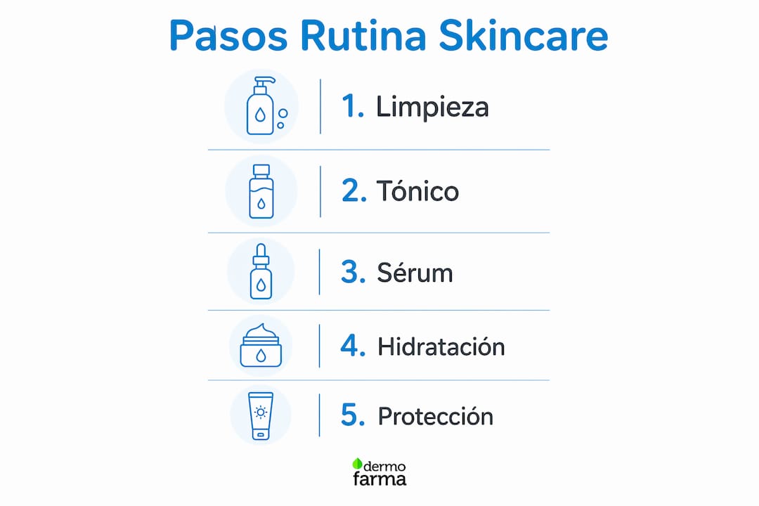 Guía visual con los pasos esenciales para una rutina de cuidado facial