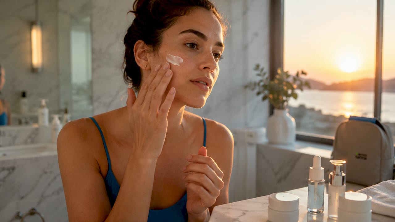 Una persona se aplica crema despigmentante en el rostro con las manos.