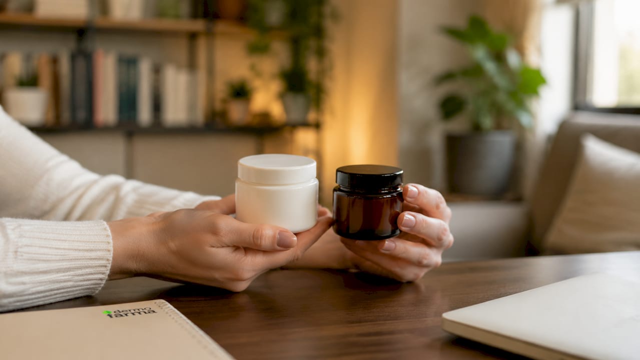 Unas manos comparando dos productos de belleza