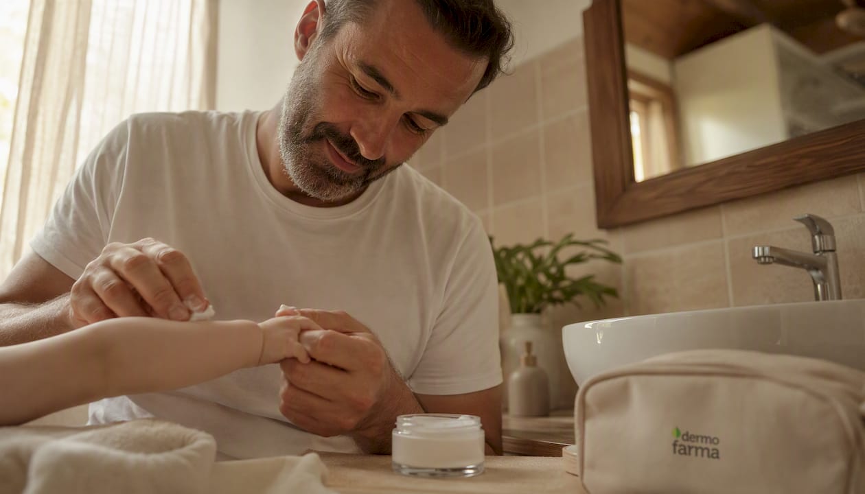 Un papá cuidando la piel de su bebé mientras le pone crema hidratante