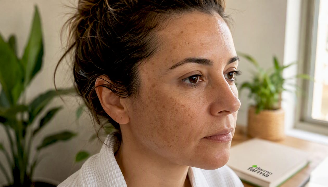 Detalle en primer plano de un rostro de perfil con manchas de melasma visibles en la piel.