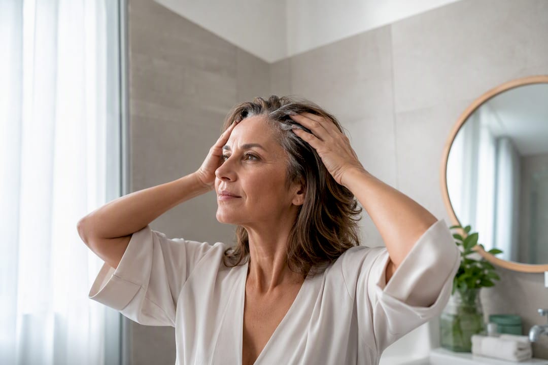 Mujer aplicándose un tratamiento capilar en el baño