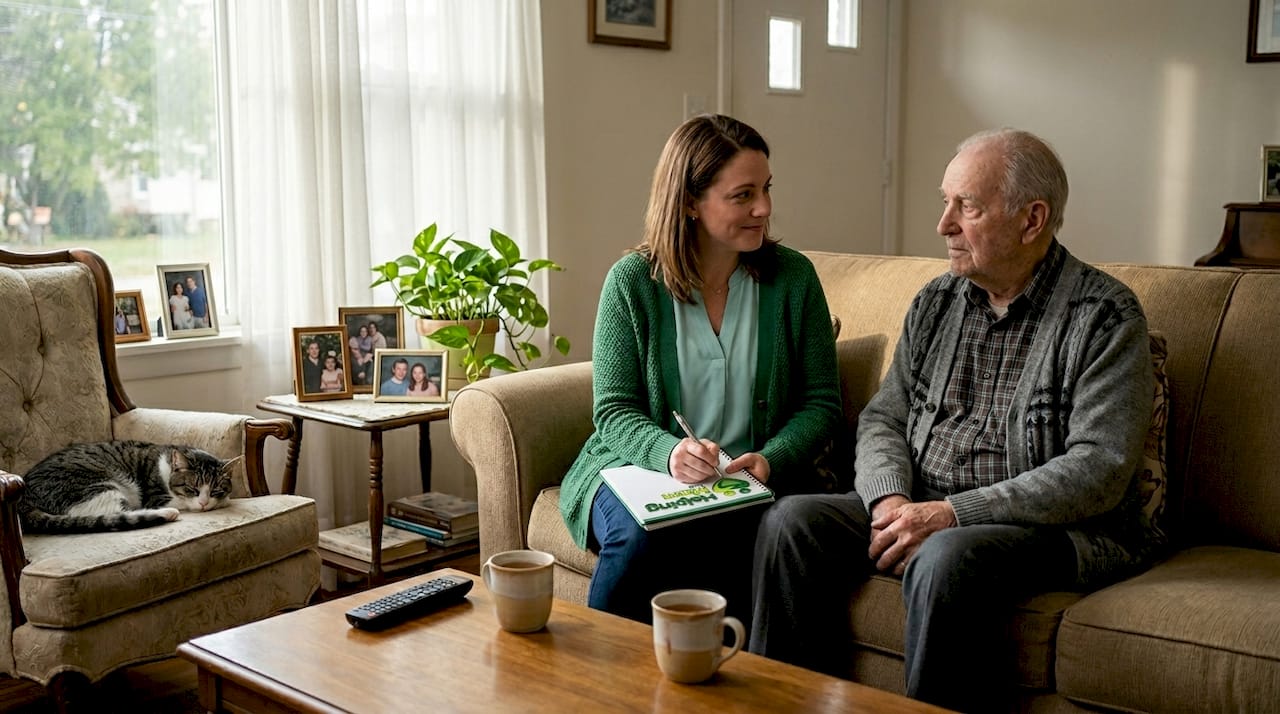 Daughter and aging father talking in living room