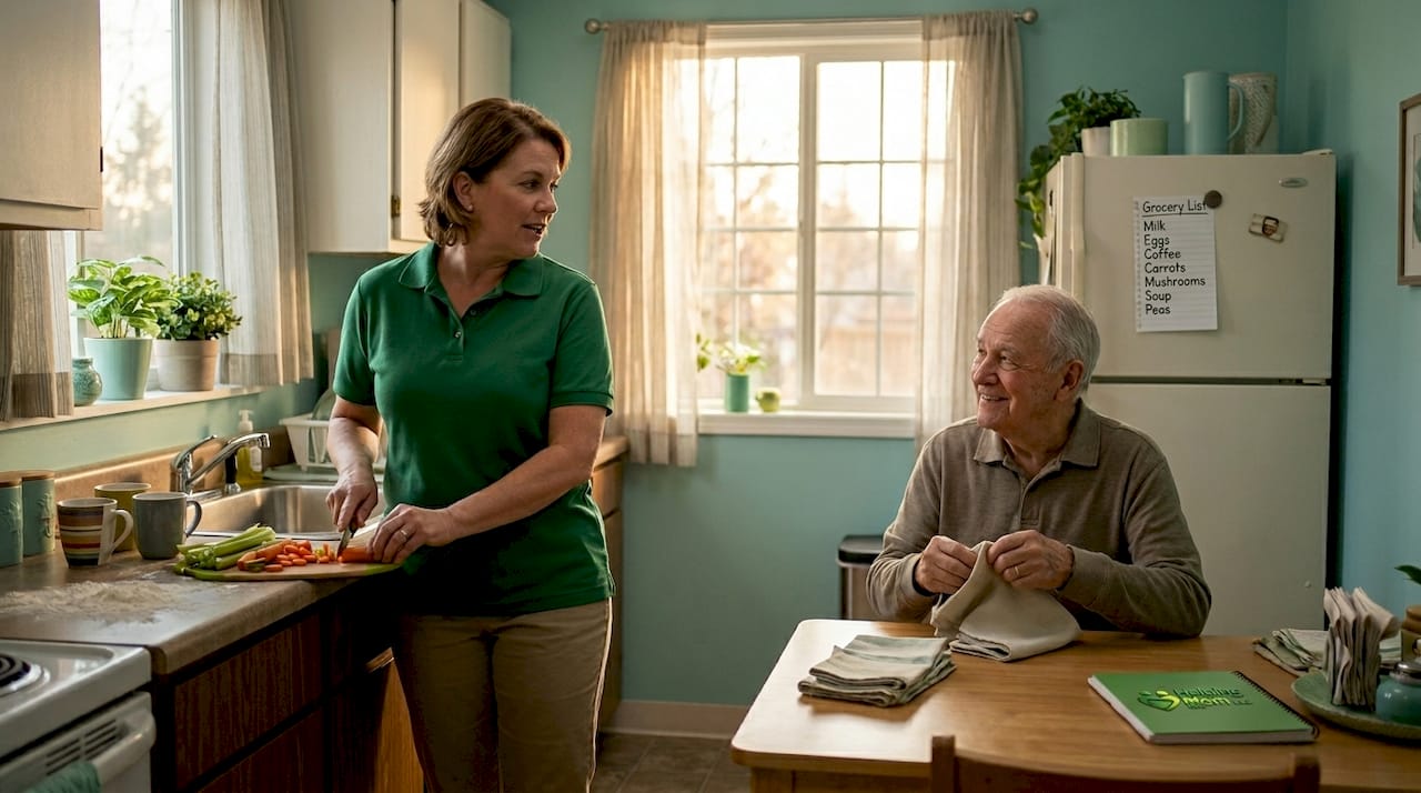 Caregiver preparing meal together with elderly man
