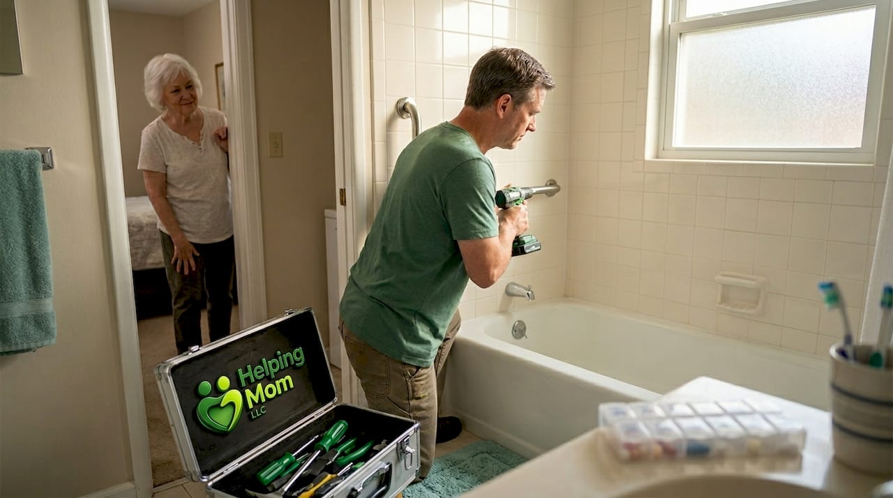 Man adding grab bar in elderly person's bathroom