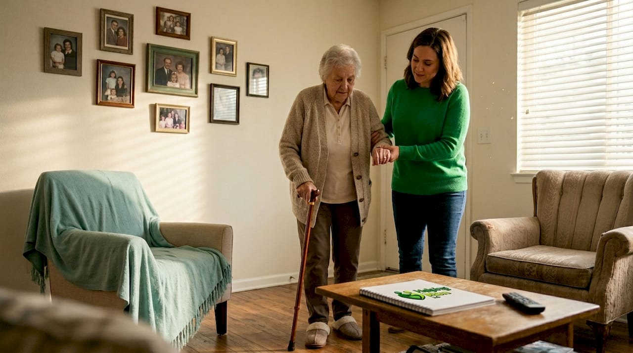 Adult daughter helping her mom get ready at home