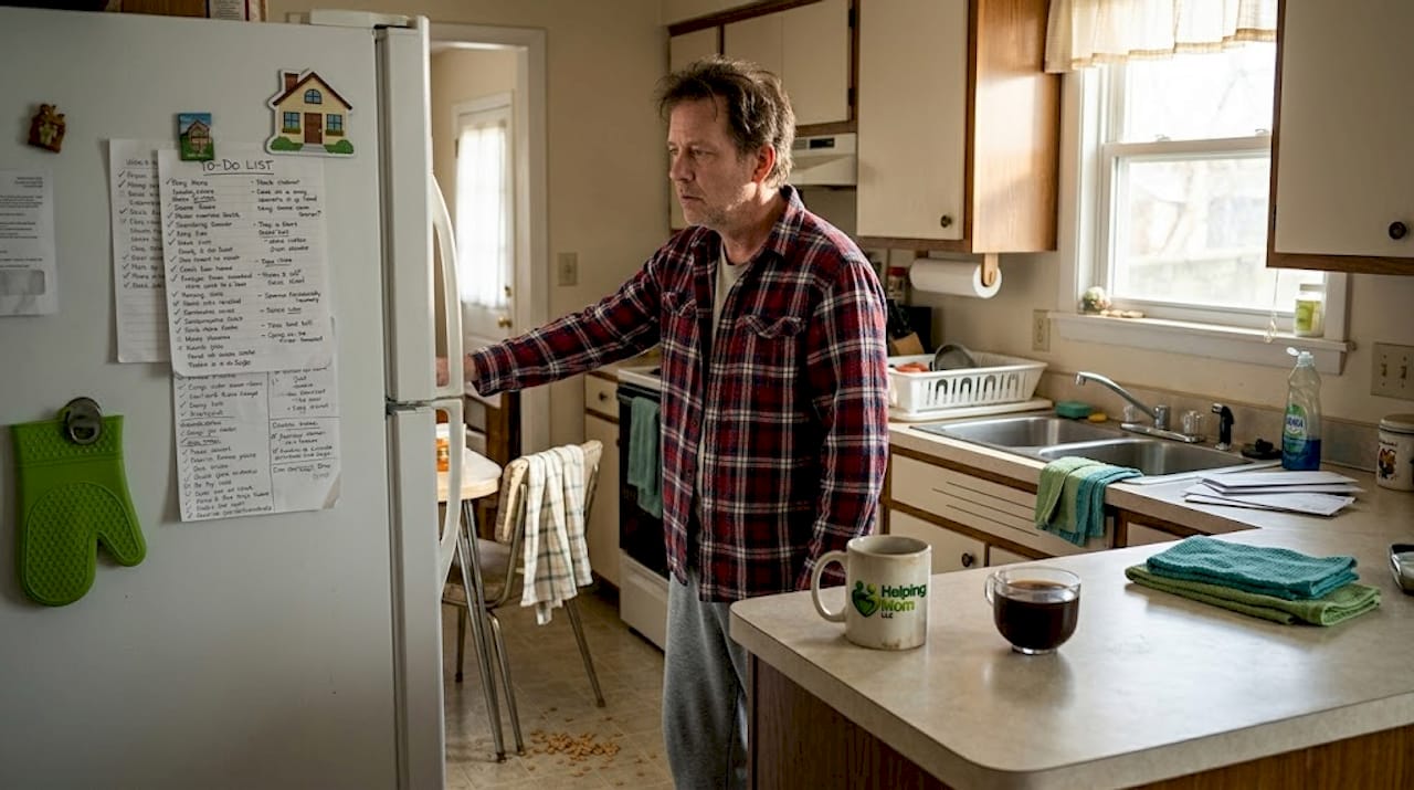 Caregiver pausing by to-do list in busy kitchen