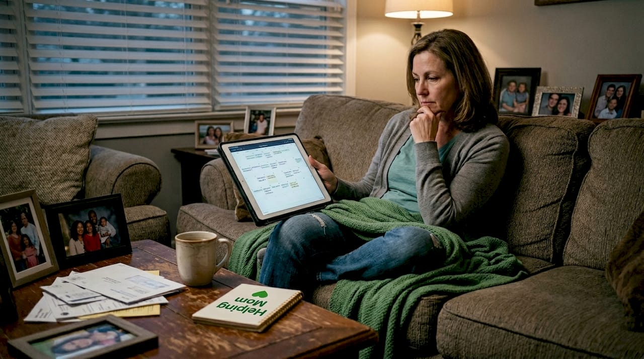 Caregiver reviewing schedule in tired living room moment