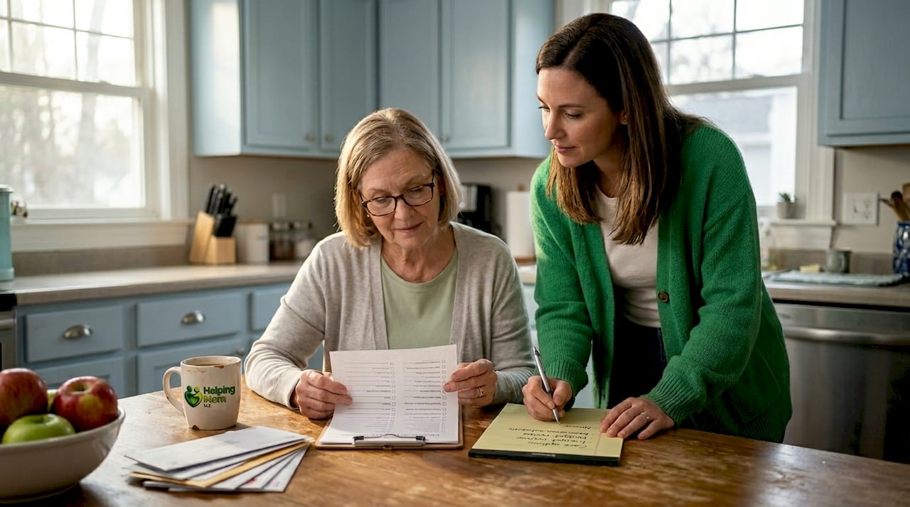 Older parent reviews care checklist at kitchen table