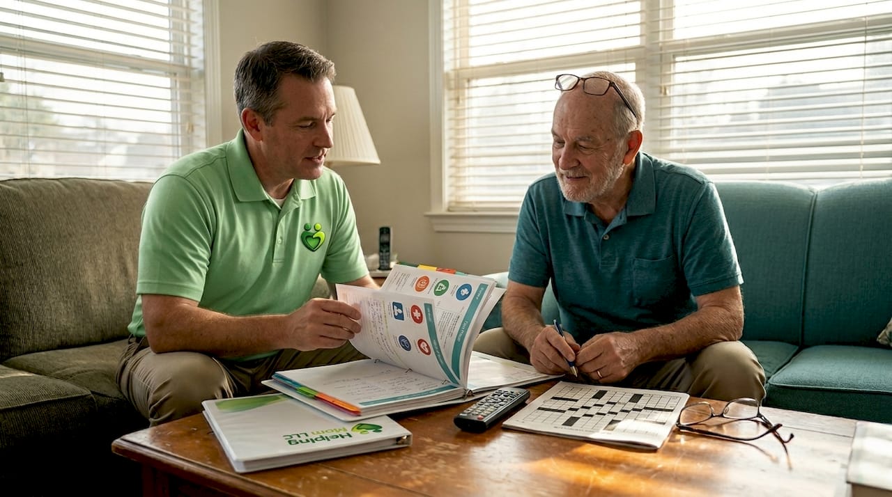 Family members discuss elder care checklist categories