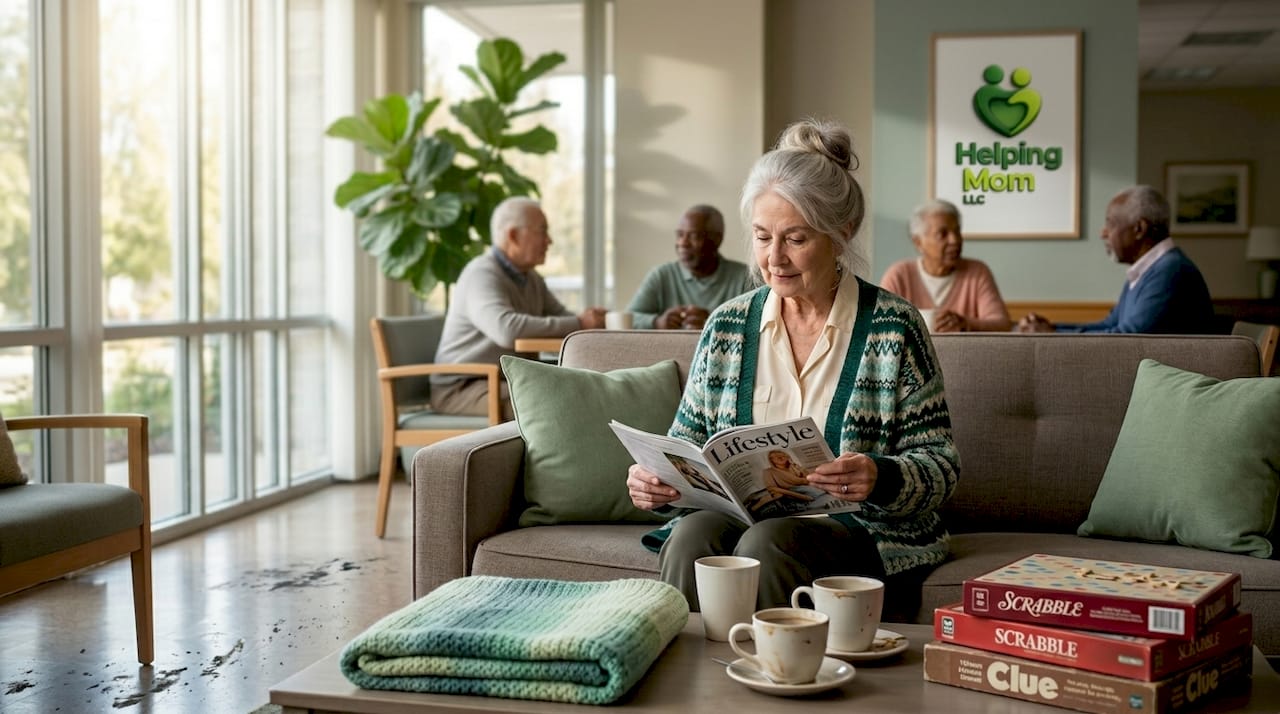 Older adults socializing in day care lounge